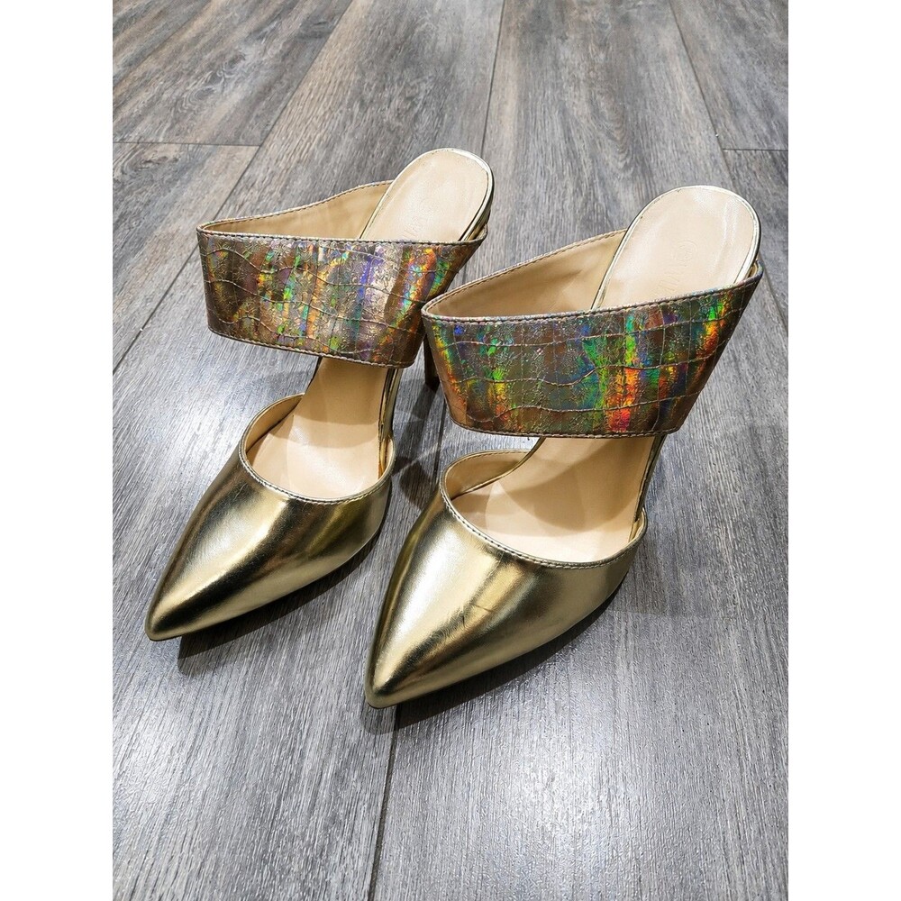Womens Gold Pointed Toe Mule Heels Holographic Strap Size 6.5 Slides